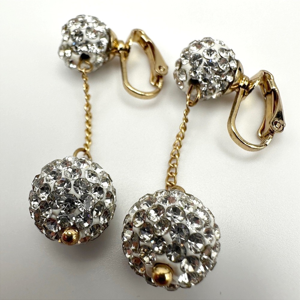 Vintage 90s Gold Rhinestone Disco Ball Dangle Clip On Earrings Pave Cluster Glam